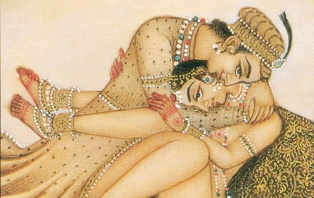 Mughal miniature painting of indian erotic art mughal king woman on old paper